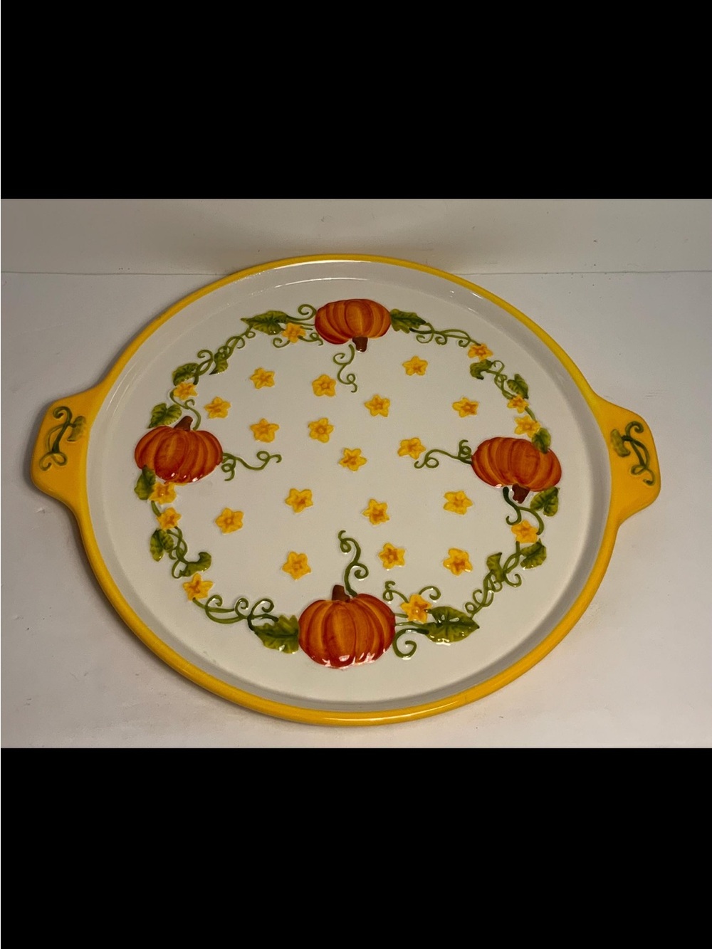 Temp-Tations Pumpkin Patch 14 inch Cake Serving Plate Orange Floral Fall Festive